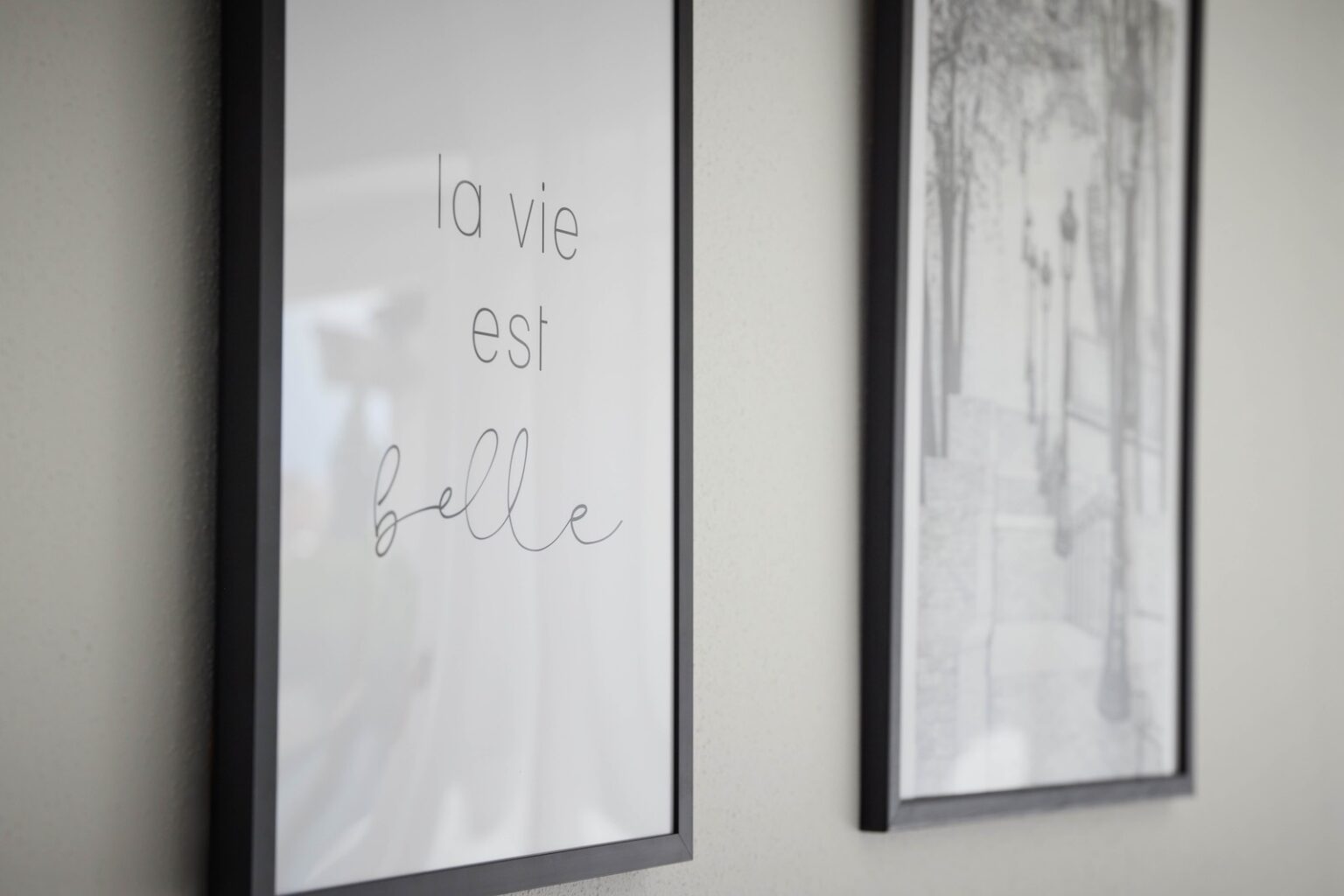 IDEE Living - Zwei gerahmte Bilder an einer Wand: eines mit dem Satz „la vie est belle“ auf Französisch und das andere mit einem Graustufen-Kunstdruck einer Straßenszene.