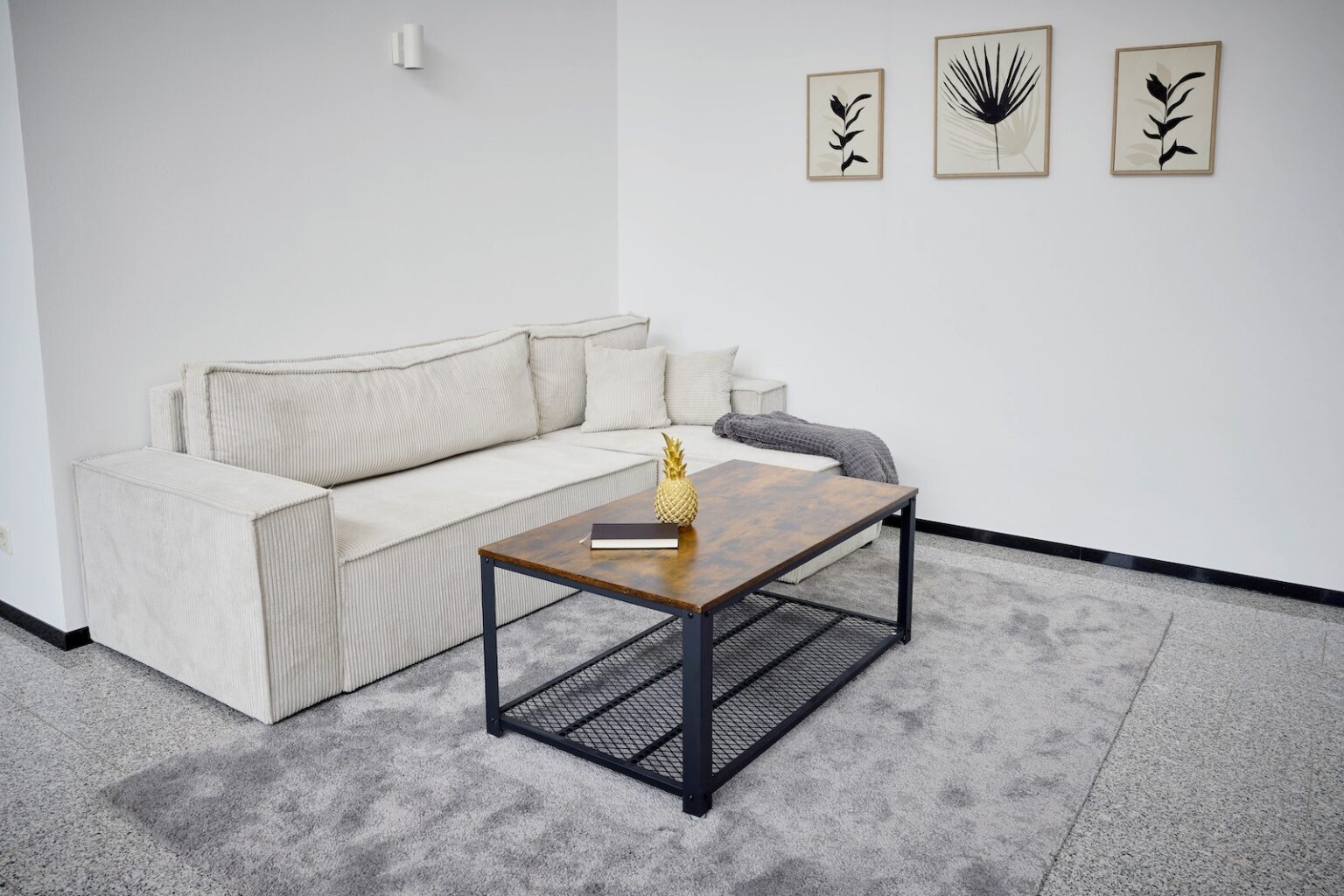 IDEE Living - Modernes Wohnzimmer mit einem weißen Sofa, einem grauen Teppich und einem hölzernen Couchtisch mit einer dekorativen Ananas und einem Buch. An der weißen Wand hängen drei gerahmte Blattdrucke.