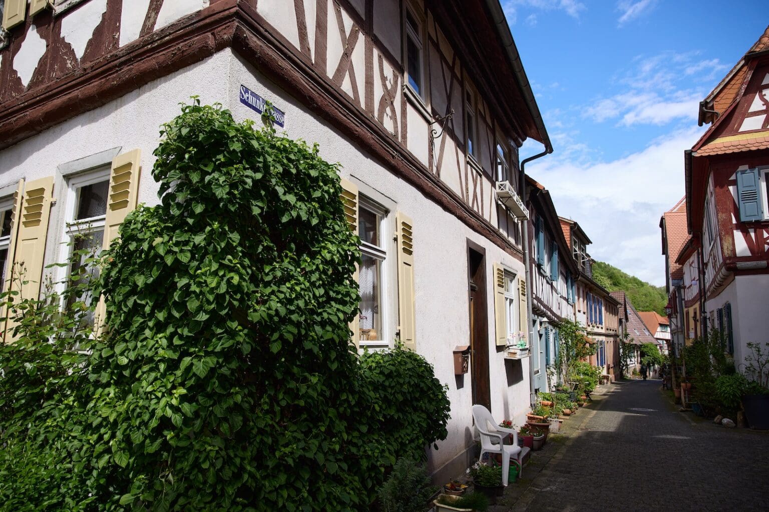 IDEE Living - Eine schmale Straße in einer Kleinstadt mit Fachwerkhäusern, Pflanzen und blauem Himmel.