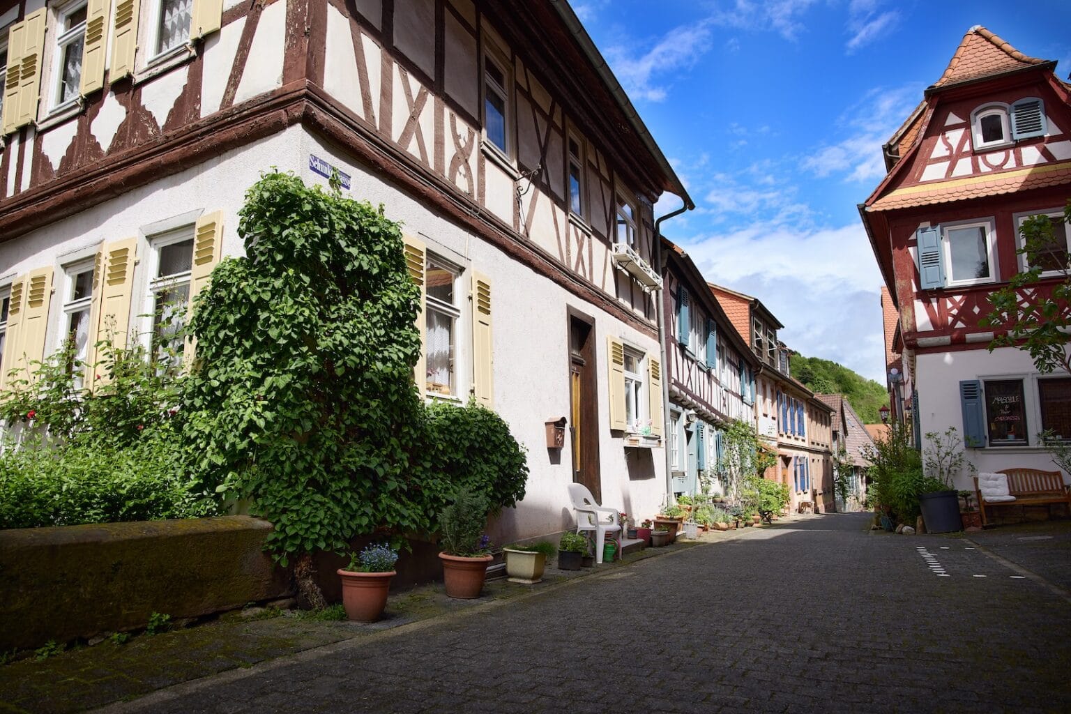 IDEE Living - Schmale Kopfsteinpflasterstraße mit Topfpflanzen im Freien und Fachwerkhäusern unter einem blauen Himmel.